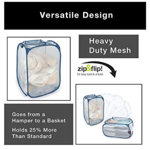 Smart Design Deluxe Collapsible Laundry Baskets – Holds Up to 3 Loads, White/Blue – Pop-Up Laundry Hamper Stands or Lays for Easy Organization and Storage – Laundry Basket Made with Breathable Mesh