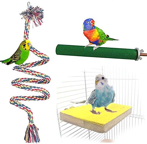 3 PCS Bird Perch Toy Set, Parrot Stand Platform, Bird Rope Swing Climbing Toy, Parrot Paw Grinding Perch Stick Cage Accessories for Parakeet Lovebird Cockatiel Finch Conure Exercise Training Toys