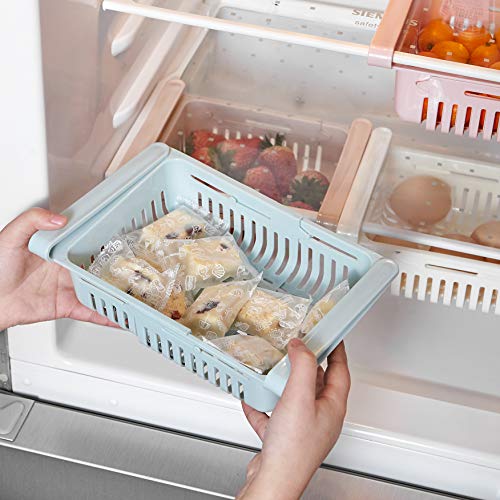 COOLFUNLIFE Retractable Drawer Type Refrigerator Storage Box Food Fresh-keeping Classified Organizer Container Basket Fridge Shelf Holder Plastic Storage Bin, Fit for Fridge Shelf Under 0.5" - 3 Color