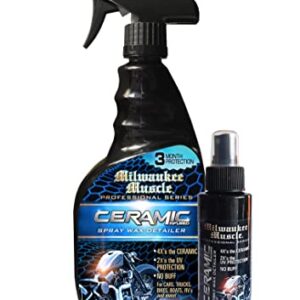 MILWAUKEE MUSCLE Ceramic Motorcycle Bike Wax Spray - 22 Fl Oz & 4 Fl Oz Travel Wax - 4X The Ceramic Coating - Detail Spray Wax - Advanced Hydrophobic Spray for Shine and Protection