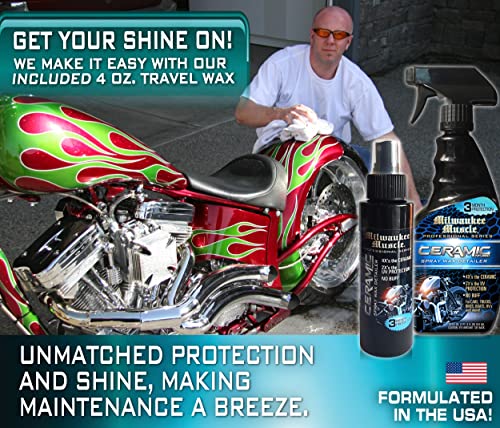 MILWAUKEE MUSCLE Ceramic Motorcycle Bike Wax Spray - 22 Fl Oz & 4 Fl Oz Travel Wax - 4X The Ceramic Coating - Detail Spray Wax - Advanced Hydrophobic Spray for Shine and Protection