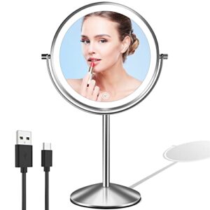 lovespejo lighted magnifying mirror，8" rechargeable double sided lighted makeup mirror with 3 colors, 1x/10x 360°rotation touchscreen cosmetic mirror, brightness adjustable vanity mirror，chrome