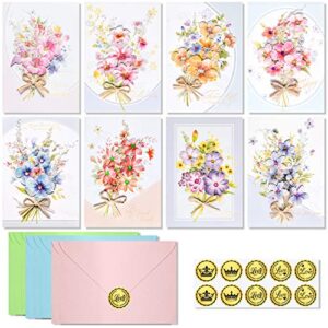 padike premium birthday cards box set - modern floral - birthday wishes greeting cards - 8pc happy birthday card with envelopes box set - envelopes and gold seals