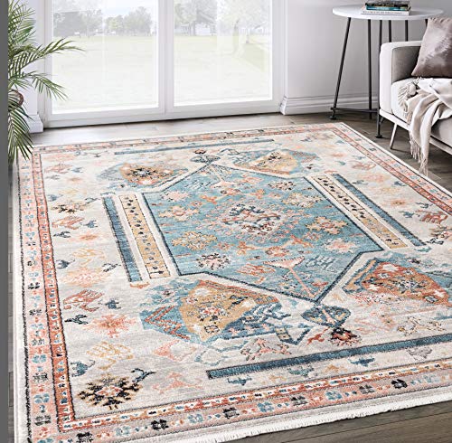 Abani Geometric Medallion 6'x9' Area Rug, Beige & Teal Rugs Azure Collection Accent Rug