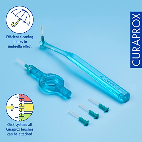 Curaprox CPS 06 Prime Start Interdental Brushes Set, 5 interdental Brushes CPS 06 Prime + 1 Holder UHS 409 + 1 Holder UHS 470, 0.6 mm to 2.2 mm, Turquoise