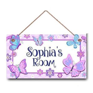 innaper wall art sign, custom wooden signs girl name hanging décor personalised name door sign, purple butterflies (room202)