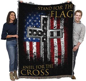 pure country weavers stand for the flag kneel for the cross blanket - religious patriotic blanket throw woven from cotton - made in the usa (72x54)