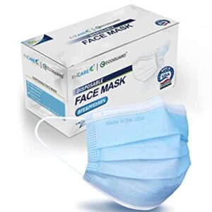 FriCARE Made in USA ECOGUARD Adult ASTM Level 3 Disposable Face Masks, 3 Ply Protection Breathable 50 Pack Elastic Earloop