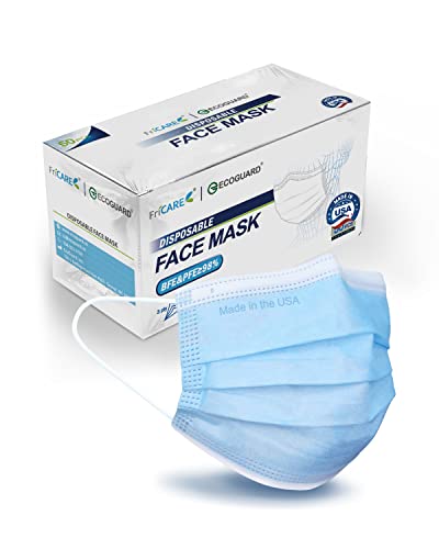 FriCARE Made in USA ECOGUARD Adult ASTM Level 3 Disposable Face Masks, 3 Ply Protection Breathable 50 Pack Elastic Earloop