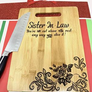 Gift for Sister in Law Engraved Bamboo Cutting board 9” x 12