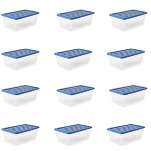 gracious living dlc6 1.5 gallon clear plastic storage bin container with stylish sky blue snap on locking lid (12 pack)