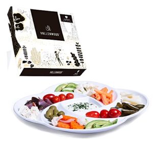 1 ecology reusable non disposable white veggie tray for partys. 13 in, unbreakable melamine not plastic. appetizer sectioned platter. vegetables and fruits. chip and dip serving dish for entertaining.