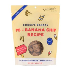 bocce's bakery pb banana chip recipe treats for dogs, wheat-free everyday dog treats, real ingredients, baked in the usa, all-natural soft & chewy cookies, peanut butter, bananas, & carob, 6 oz