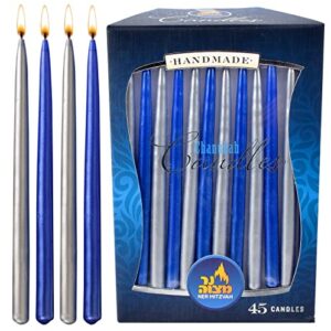 dripless chanukah candles standard size - metallic blue & silver hanukkah candles fits most menorahs - premium quality wax - 45 count for all 8 nights of hanukkah - by ner mitzvah