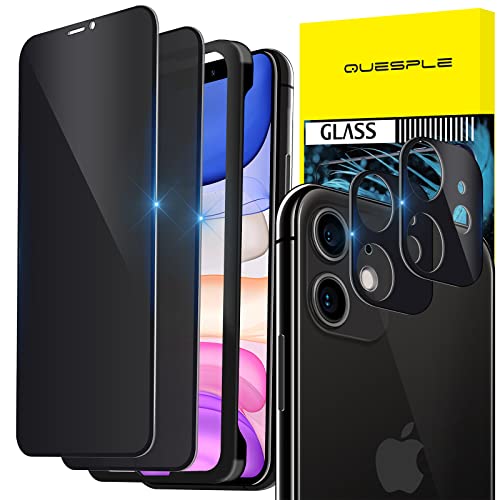 QUESPLE [Full Coverage] 2 Pack Privacy Screen Protector for iPhone 11 6.1 Inch + 2 Pack Camera Lens Protector, Anti-Spy Tempered Glass Film, with Easy Installation Kit, Anti Peeping