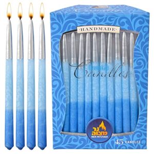 Dripless Chanukah Candles Standard Size - Decorated Ombre Blue & Silver Hanukkah Candles Fits Most Menorahs - Premium Quality Wax - 45 Count for All 8 Nights of Hanukkah - by Ner Mitzvah