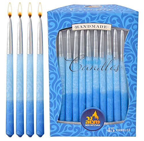 Dripless Chanukah Candles Standard Size - Decorated Ombre Blue & Silver Hanukkah Candles Fits Most Menorahs - Premium Quality Wax - 45 Count for All 8 Nights of Hanukkah - by Ner Mitzvah