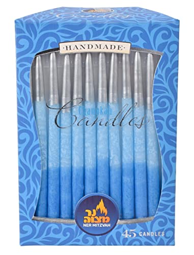 Dripless Chanukah Candles Standard Size - Decorated Ombre Blue & Silver Hanukkah Candles Fits Most Menorahs - Premium Quality Wax - 45 Count for All 8 Nights of Hanukkah - by Ner Mitzvah