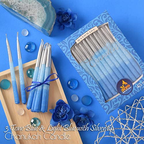 Dripless Chanukah Candles Standard Size - Decorated Ombre Blue & Silver Hanukkah Candles Fits Most Menorahs - Premium Quality Wax - 45 Count for All 8 Nights of Hanukkah - by Ner Mitzvah