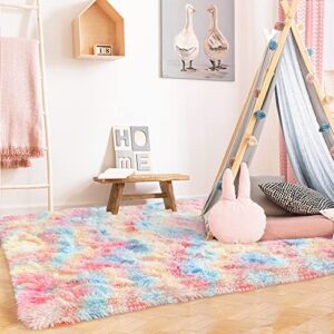 LOCHAS Luxury Shag Rug Fluffy Area Rugs 4x6 Feet, Cute Rainbow Rugs for Girls Bedroom Kids Room, Soft Tie-Dye Living Room Carpet, Teen Girls Boys Room Decor Carpets, Rainbow