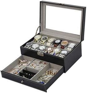 tebery 12-slot watch box case lockable with glass lid, 2 layers watch holder organizer display with 1 drawer for rings and bracelets, gift for boyfriend fathers day birthday gifts (black)