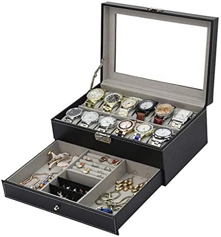 Tebery 12-Slot Watch Box Case Lockable with Glass Lid, 2 Layers Watch Holder Organizer Display with 1 Drawer for Rings and Bracelets, Gift For Boyfriend Fathers Day Birthday Gifts (Black)