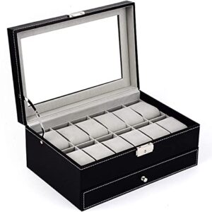 Tebery 12-Slot Watch Box Case Lockable with Glass Lid, 2 Layers Watch Holder Organizer Display with 1 Drawer for Rings and Bracelets, Gift For Boyfriend Fathers Day Birthday Gifts (Black)