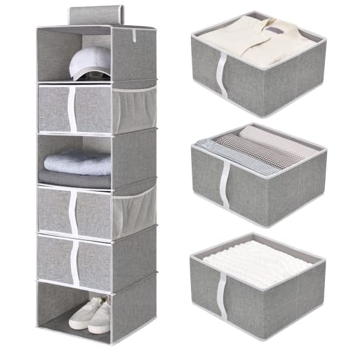 StorageWorks 6-Shelf Hanging Closet Shelves, Hanging Closet Organizer with 3 Drawers, Canvas, Light Gray, 12 ¼”D x 13 ½”W x 47 ¾”H