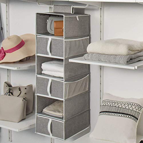 StorageWorks 6-Shelf Hanging Closet Shelves, Hanging Closet Organizer with 3 Drawers, Canvas, Light Gray, 12 ¼”D x 13 ½”W x 47 ¾”H