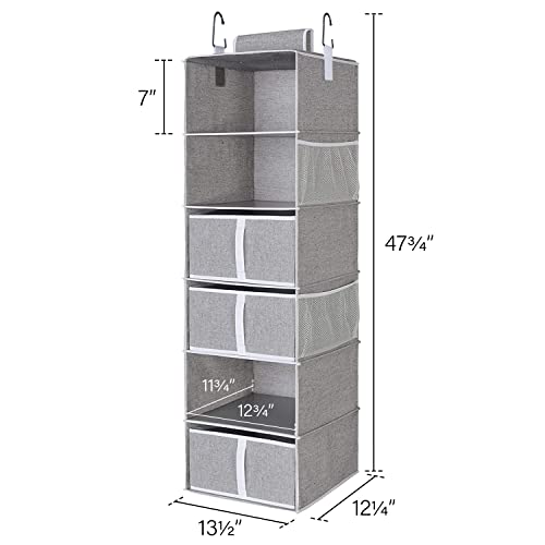 StorageWorks 6-Shelf Hanging Closet Shelves, Hanging Closet Organizer with 3 Drawers, Canvas, Light Gray, 12 ¼”D x 13 ½”W x 47 ¾”H