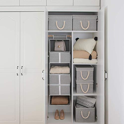 StorageWorks 6-Shelf Hanging Closet Shelves, Hanging Closet Organizer with 3 Drawers, Canvas, Light Gray, 12 ¼”D x 13 ½”W x 47 ¾”H