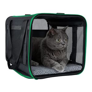 petisfam soft pet carrier bag for easy travel with medium, large cats, 2 kitties and small dogs. easy to get cat in. easy vet visit. easy storage. black w/green trim, l