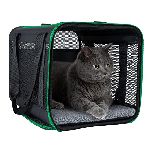 petisfam Soft Pet Carrier Bag for Easy Travel with Medium, Large Cats, 2 Kitties and Small Dogs. Easy to get Cat in. Easy Vet Visit. Easy Storage. Black w/Green Trim, L