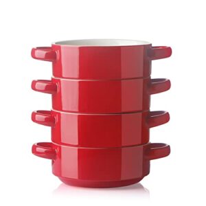 sweejar ceramic soup bowls with double handles, 20 oz stacked bowls for french onion soup, cereal, pot pies, stew, chill, pasta, set of 4 (red)