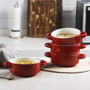 Sweejar Ceramic Soup Bowls with Double Handles, 20 Oz Stacked Bowls for French Onion Soup, Cereal, Pot Pies, Stew, Chill, Pasta, Set of 4 (Red)