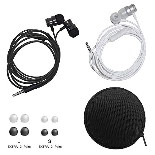 2 Packs Earbud Headphones with Remote & Microphone and Case, findTop Earphone Stereo Noise Isolating Tangle Free for iOS and Android, Fits All 3.5mm Interface Device- Black & White