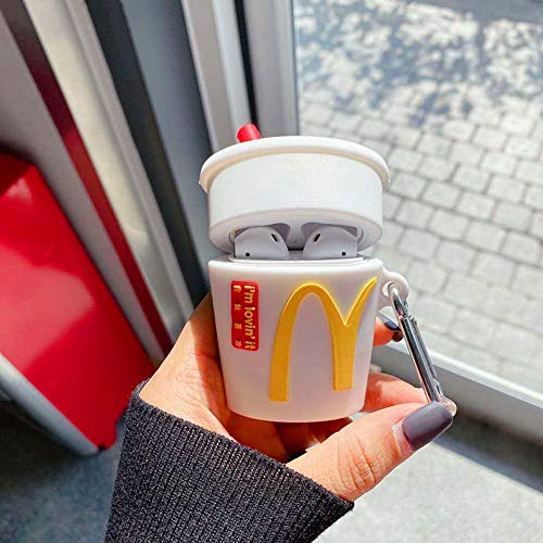 Compatible with Airpods 1 & 2, Funny 3D Cartoon Silicone Design, Soft Leather Carabiner Protective Cover, Suitable for Fashionable Girls Children Teen Boys Airpods case (I'm Lovin' it Cup)