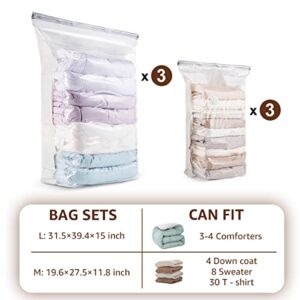 Vacuum Storage Bags Jumbo Cube 6 Pack, Space Saver Bags Extra Large Vacuum Seal Bags for Comforters Blankets Clothes (3 Jumbo 3 Medium), Closet Organizers and Storage Bags Vacuum Sealed