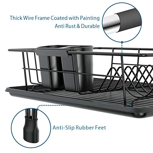 Ace Teah Dish Drying Rack, Small Dish Rack Drainer Set with Drain Board Tray, Compact Dish Drainer for Kitchen Counter, Black