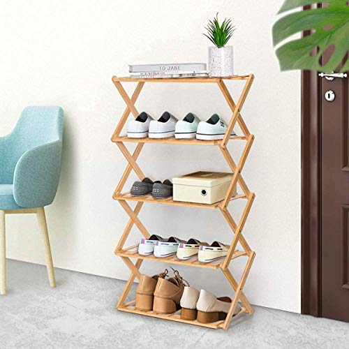 YEAKOO Multi Tier Shoe Rack, Foldable Bamboo 5 Tier Shoe Storage Organizer, Multifunctional Free Standing Shoe Shelf for Home, Entryway, Hallway, Living Room, Bedroom, Balcony (20" L x10 W)