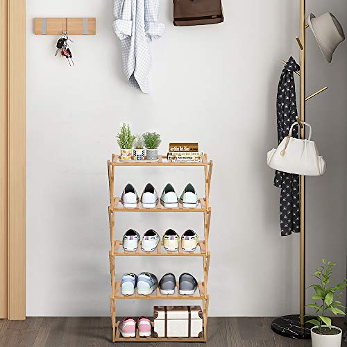 YEAKOO Multi Tier Shoe Rack, Foldable Bamboo 5 Tier Shoe Storage Organizer, Multifunctional Free Standing Shoe Shelf for Home, Entryway, Hallway, Living Room, Bedroom, Balcony (20" L x10 W)