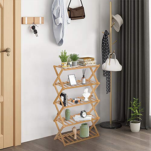 YEAKOO Multi Tier Shoe Rack, Foldable Bamboo 5 Tier Shoe Storage Organizer, Multifunctional Free Standing Shoe Shelf for Home, Entryway, Hallway, Living Room, Bedroom, Balcony (20" L x10 W)