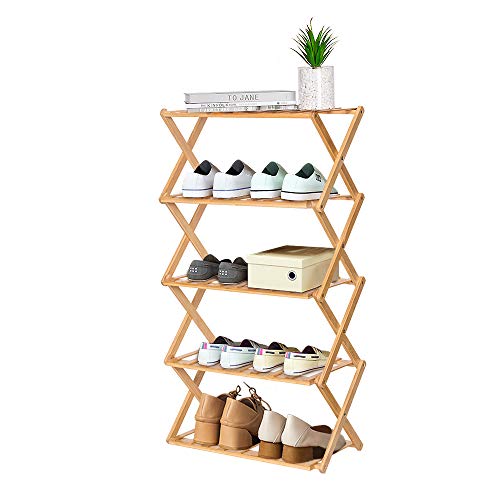 YEAKOO Multi Tier Shoe Rack, Foldable Bamboo 5 Tier Shoe Storage Organizer, Multifunctional Free Standing Shoe Shelf for Home, Entryway, Hallway, Living Room, Bedroom, Balcony (20" L x10 W)