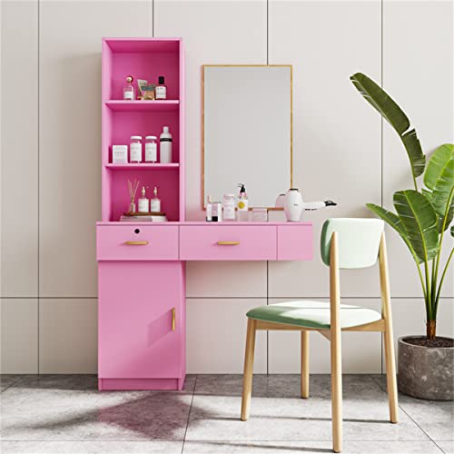 LLS Makeup Dressing Table, Computer Desk Vanity Set Wooden Dresser with 1 Storage Cabinet, 2 Drawers & 3 Open Shelves, Modern Hair Desk Writing Desk Without Mirror for Studio Toilet Barber Shop, Pink