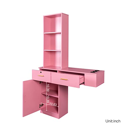 LLS Makeup Dressing Table, Computer Desk Vanity Set Wooden Dresser with 1 Storage Cabinet, 2 Drawers & 3 Open Shelves, Modern Hair Desk Writing Desk Without Mirror for Studio Toilet Barber Shop, Pink