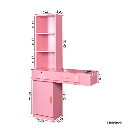 LLS Makeup Dressing Table, Computer Desk Vanity Set Wooden Dresser with 1 Storage Cabinet, 2 Drawers & 3 Open Shelves, Modern Hair Desk Writing Desk Without Mirror for Studio Toilet Barber Shop, Pink