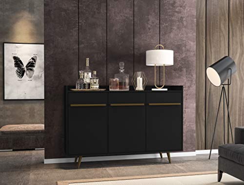 Manhattan Comfort Bradley Mid Century Modern Dining Room 4 Shelves Buffet Stand Cabinet, 53.54", Black