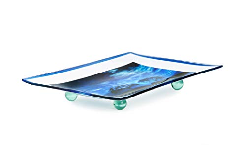 GAC Unique Landscape Design Rectangular Tempered Glass Serving Tray on Glass Ball Legs – 8x12 Inch – Break and Chip Resistant – Attractive Blue Colored Serving Platter