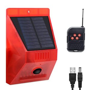 solar strobe light with remote controller, solar alarm light with motion detector solar alarm light 129db sound security siren ip65 waterproof, protected your home, farm, barn, barn,villa,yard (red)