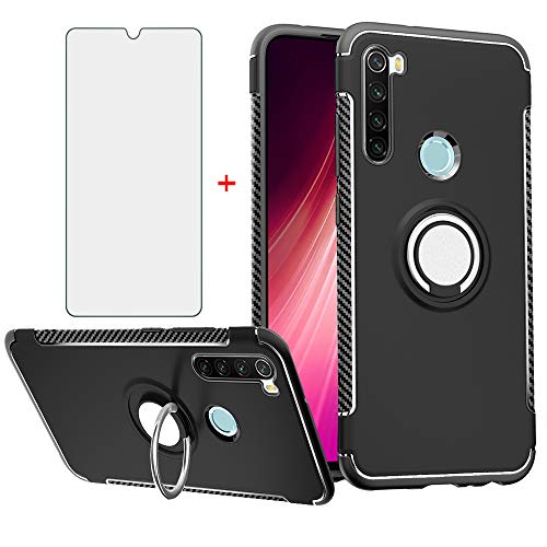 Phone Case for Xiaomi Redmi Note 8 with Tempered Glass Screen Protector Cover and Magnetic Stand Ring Holder Slim Kickstand Hybrid Hard Cell Accessories Xiami Xiomis Xiome Redme Note8 Cases Men Black